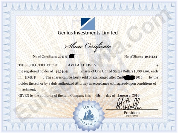 certificado de participaciones en Genius Funds eulises avila