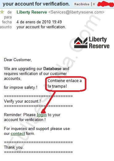 phishing Liberty Reserve Continúan los correos phishing hacia Liberty Reserve