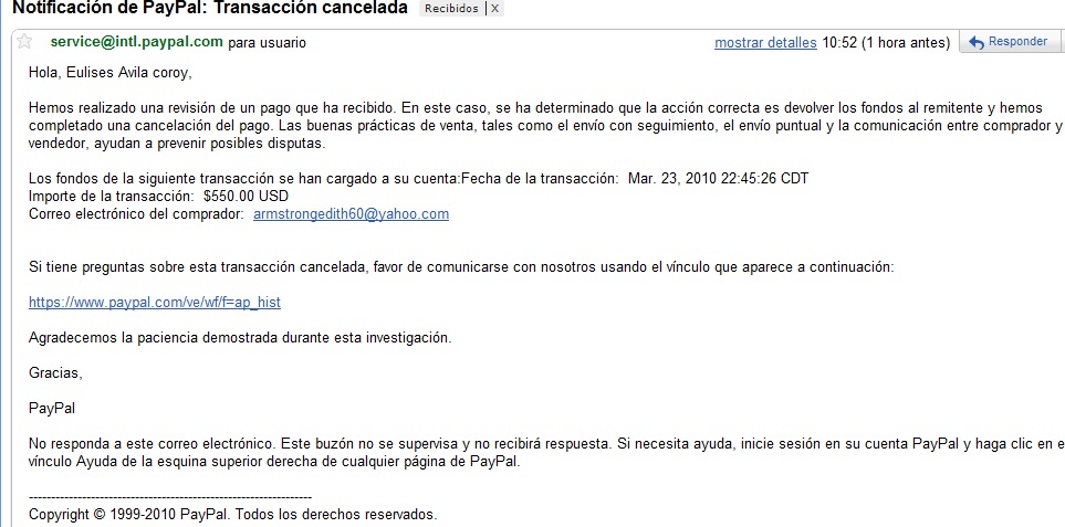 respuesta inecta de paypal Estafa paypal
